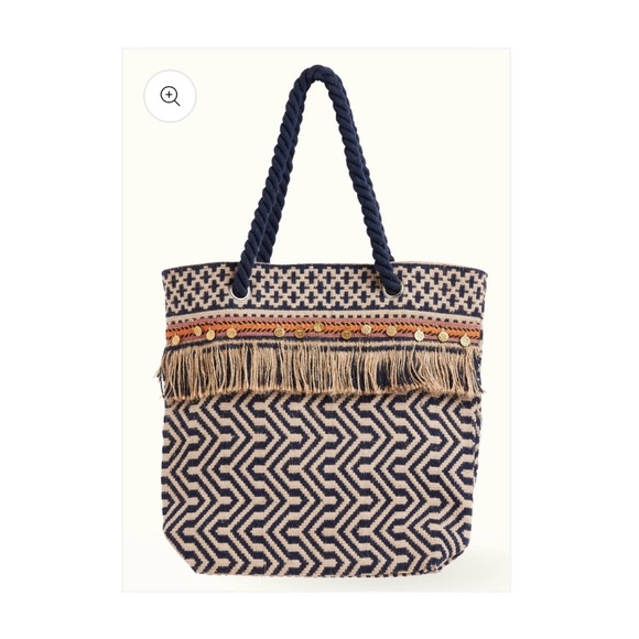 C&C California Handbags - C & C California Home Jute XLarge Tote Bag Blue Tassel Medallion Pattern Boho